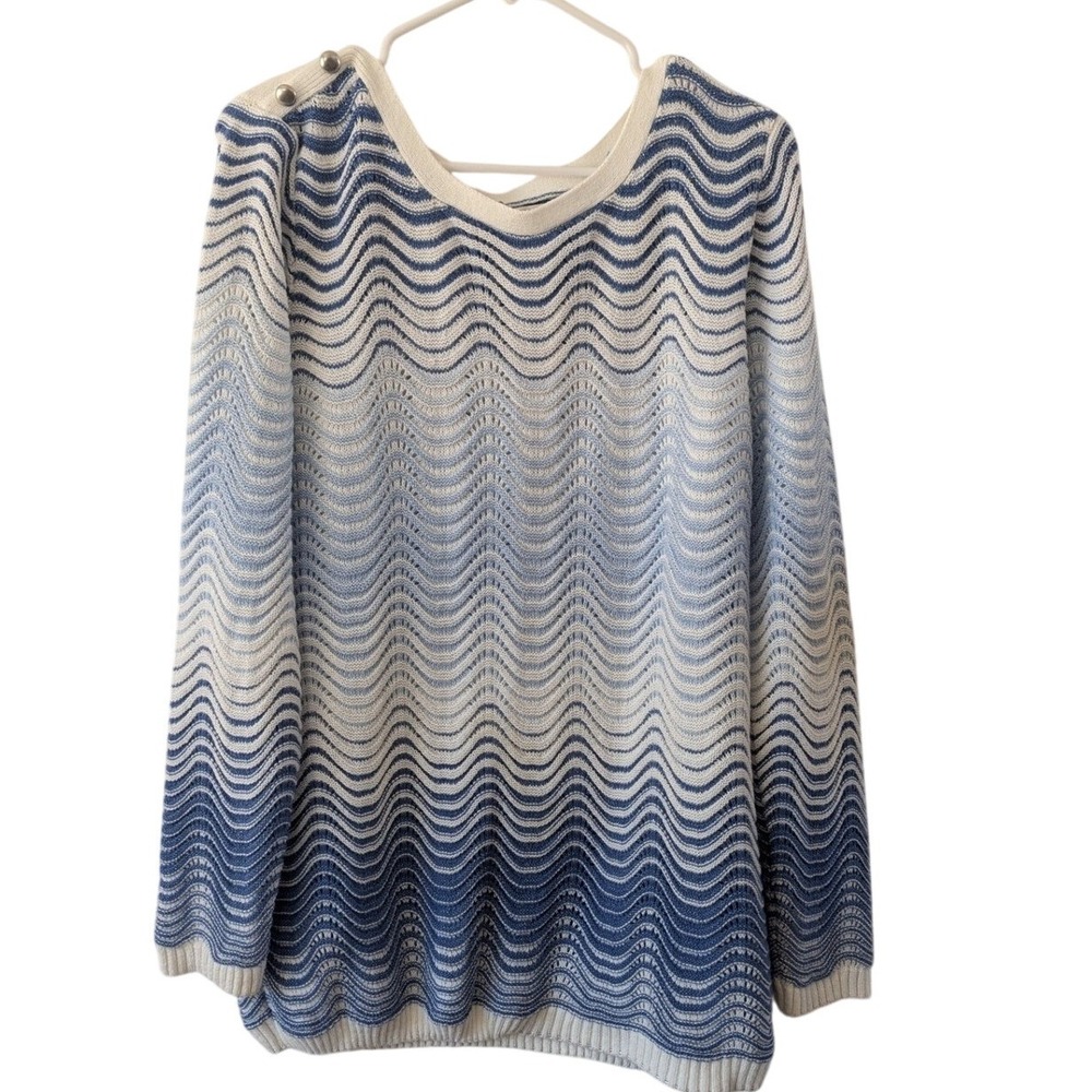 Christopher & Banks Knit Sweater Blue White Wave Pattern Metallic XL‎